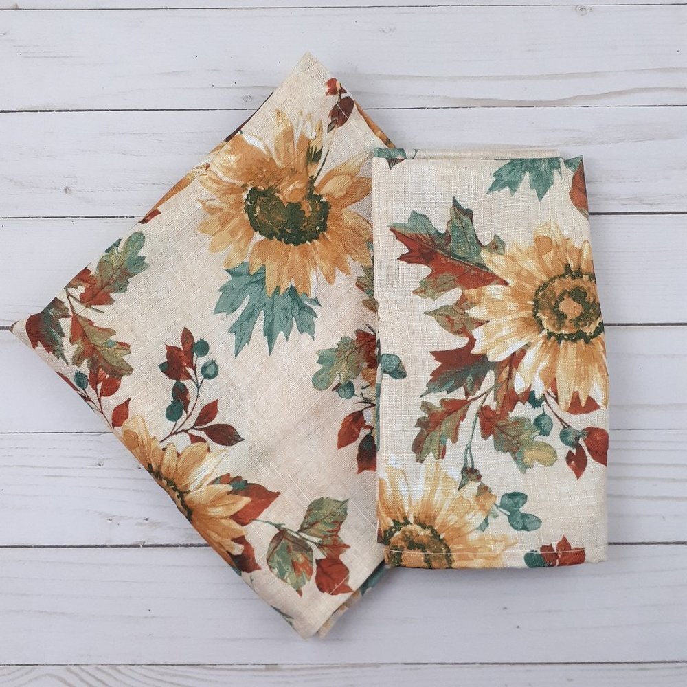 Fabric Dinner Napkins Fall Leaves Sunflowers 17x17 Set of 4 S1